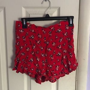 Red floral flowy shorts